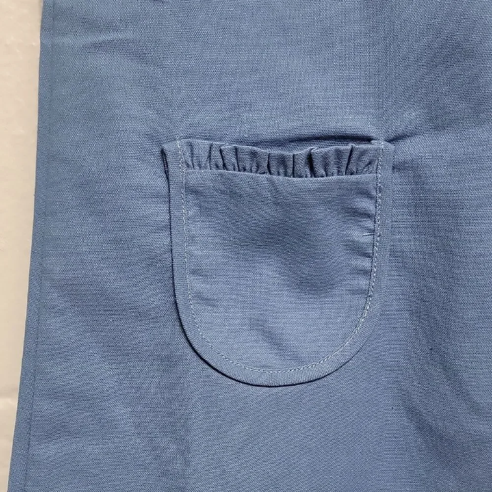 Blue Linen Blend Ruffle Neck Pocket Casual Girls Dress By Southern Smocked Co